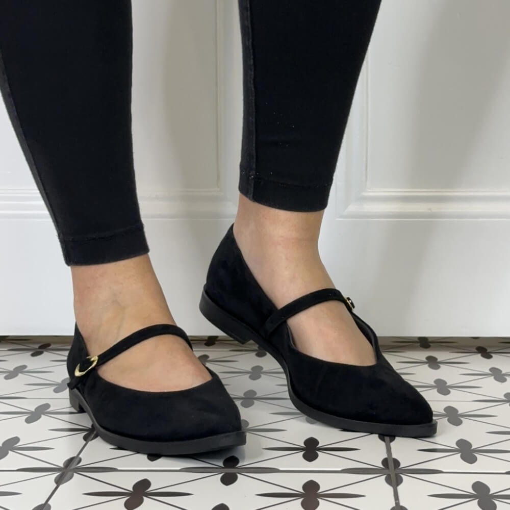 Paul Green 1127 Mary Jane Black shoes worn with black leggings.