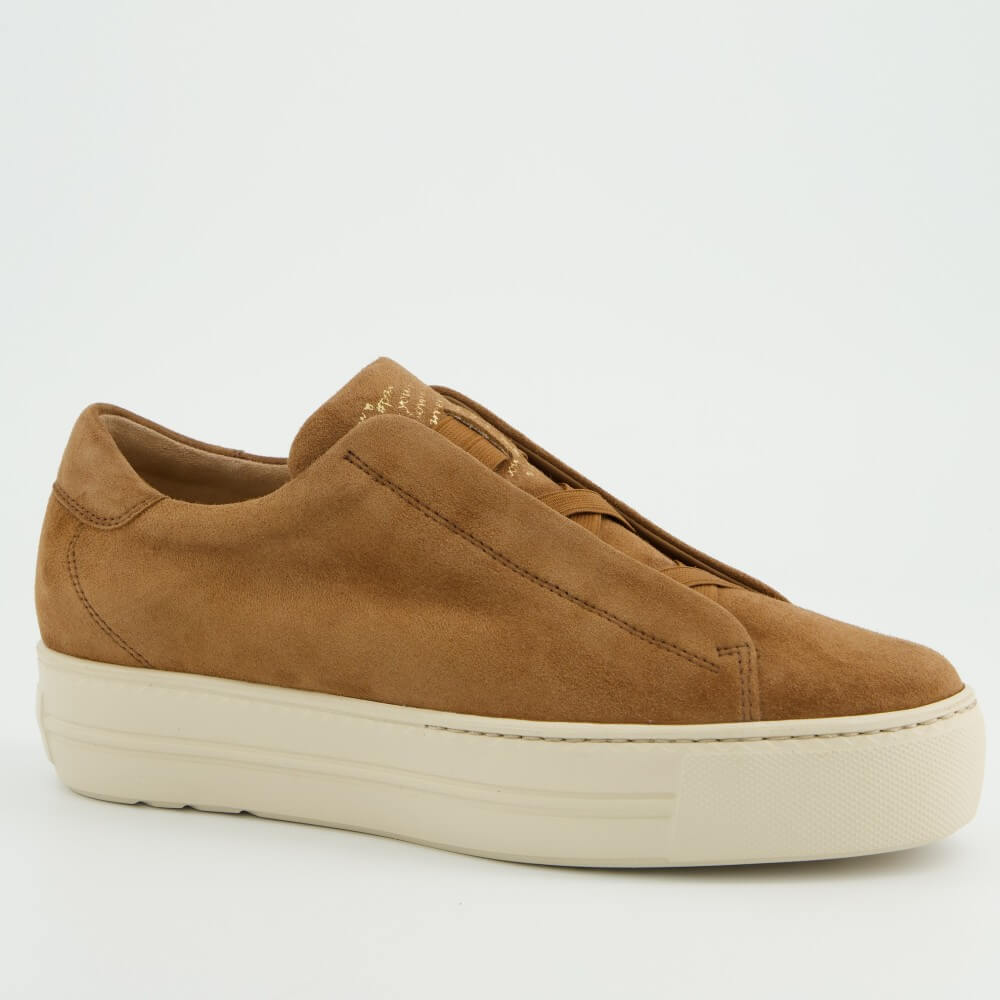 Paul Green 5529 Brown suede sneaker with a white sole on a light gray background