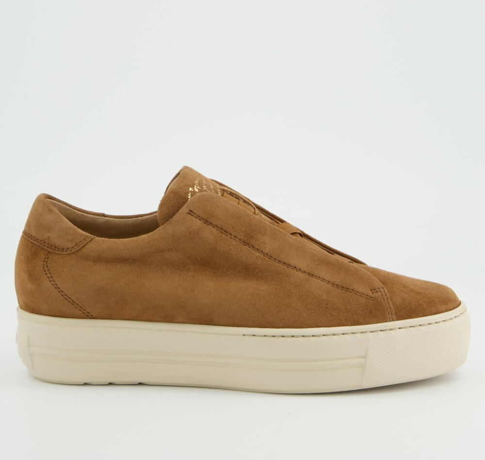 Paul Green 5529 Brown suede sneaker with a white sole on a light gray background