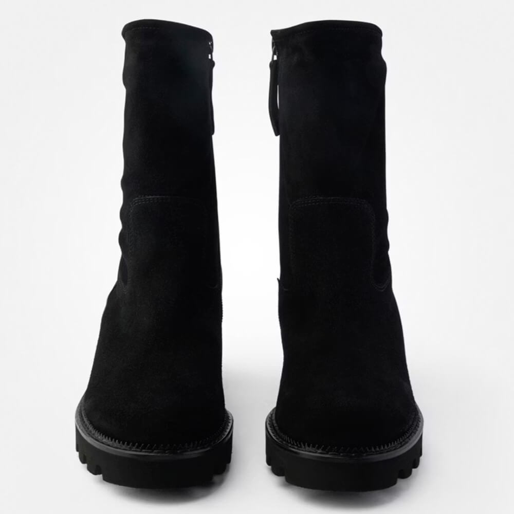Pair of black knee-high boots on a white background Paul Green Black Suede Block Heel Ankle Boots 8133