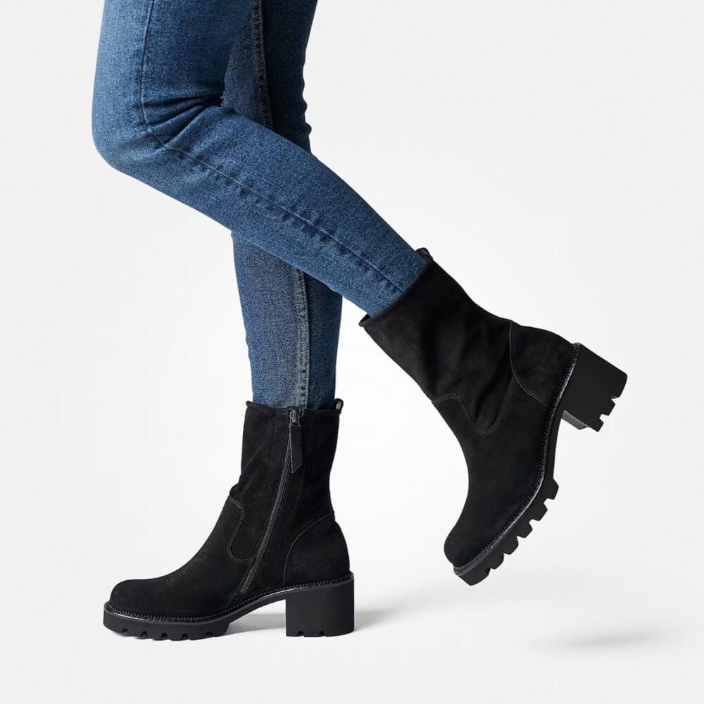 Pair of black knee-high boots on a white background Paul Green Black Suede Block Heel Ankle Boots 8133