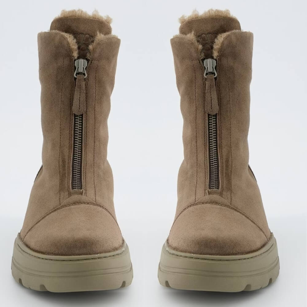 Pair of brown suede boots with fur lining and zippers on a white background Paul Green Soft Suede Ankle Boot 8243 Earth Brown