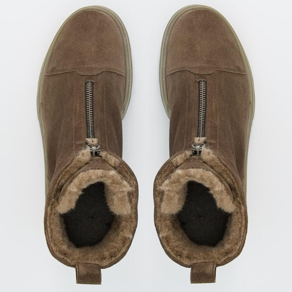 Pair of brown suede boots with fur lining and zippers on a white background Paul Green Soft Suede Ankle Boot 8243 Earth Brown