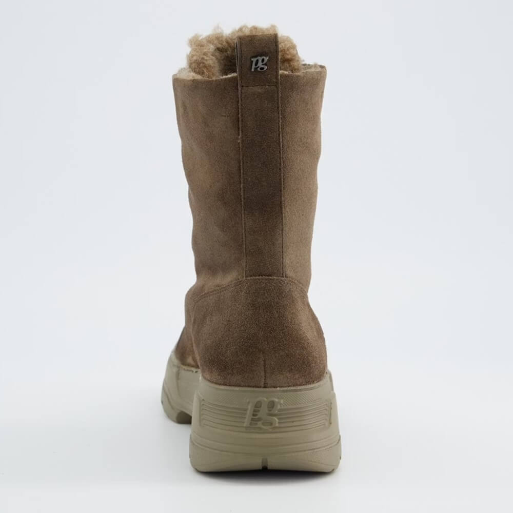 Pair of brown suede boots with fur lining and zippers on a white background Paul Green Soft Suede Ankle Boot 8243 Earth Brown