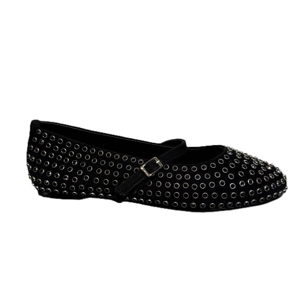 A Pedro Anton Black flat shoe decorated with silver-tone metal studs and a matching black strap with a silver buckle, shown against a plain white background.