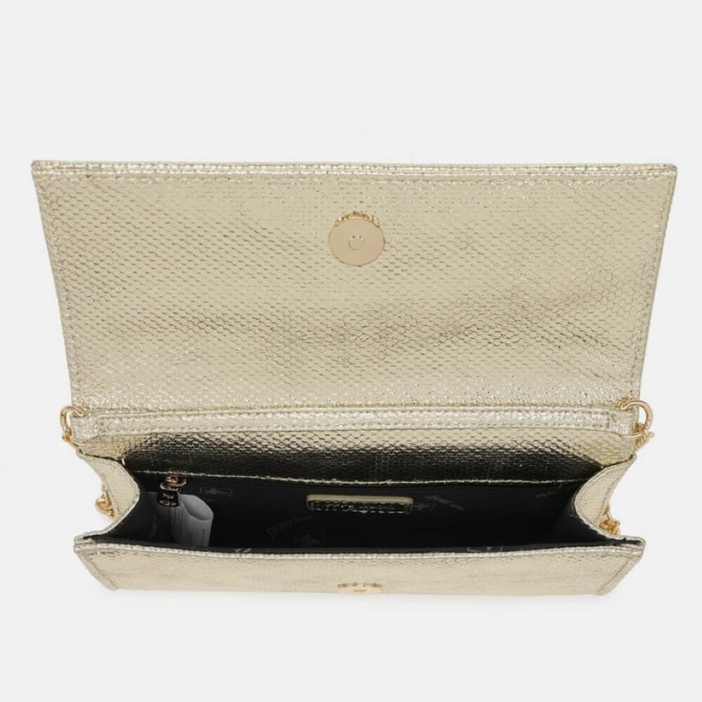 Gold handbag with open design on a white background