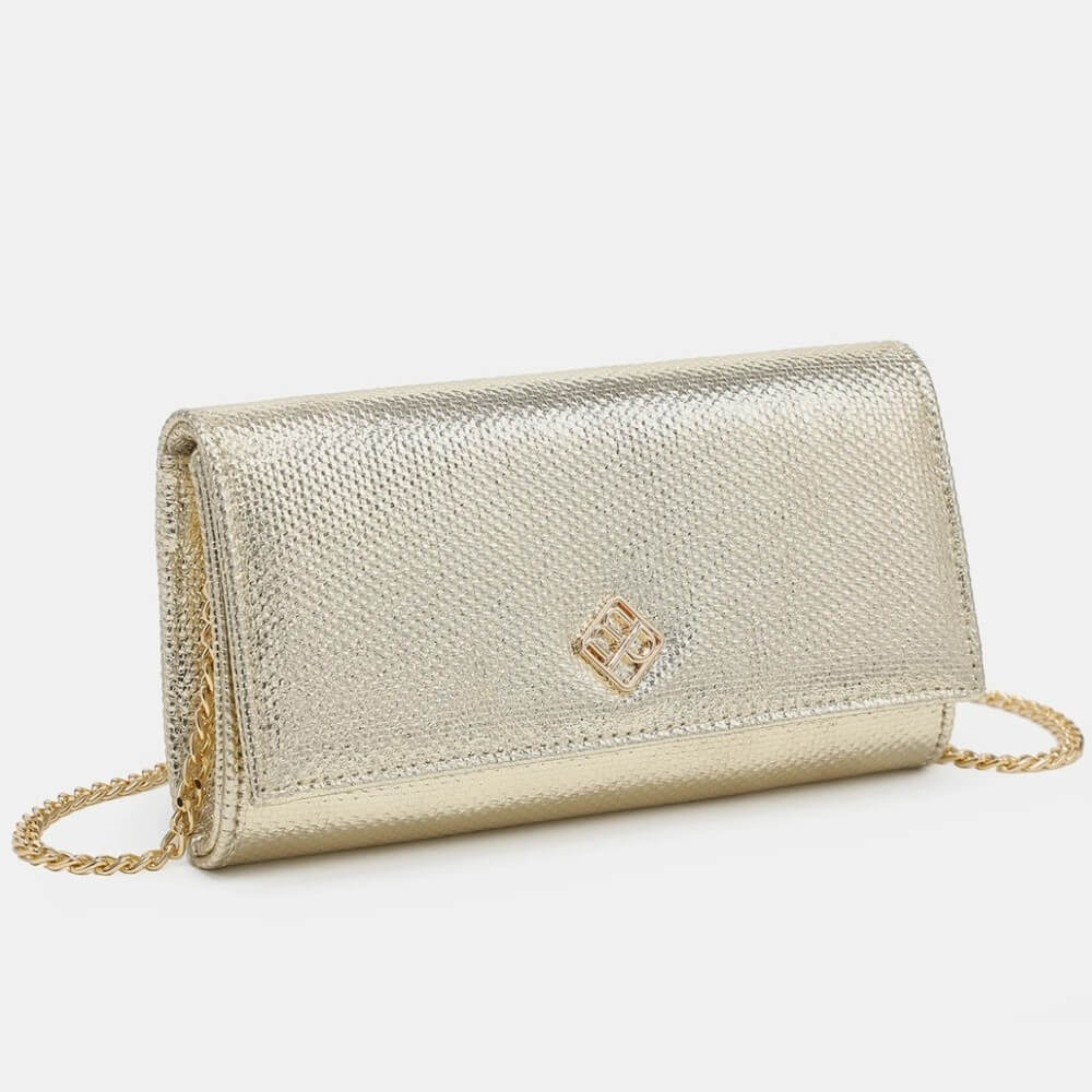 Gold clutch bag with chain strap on a white background