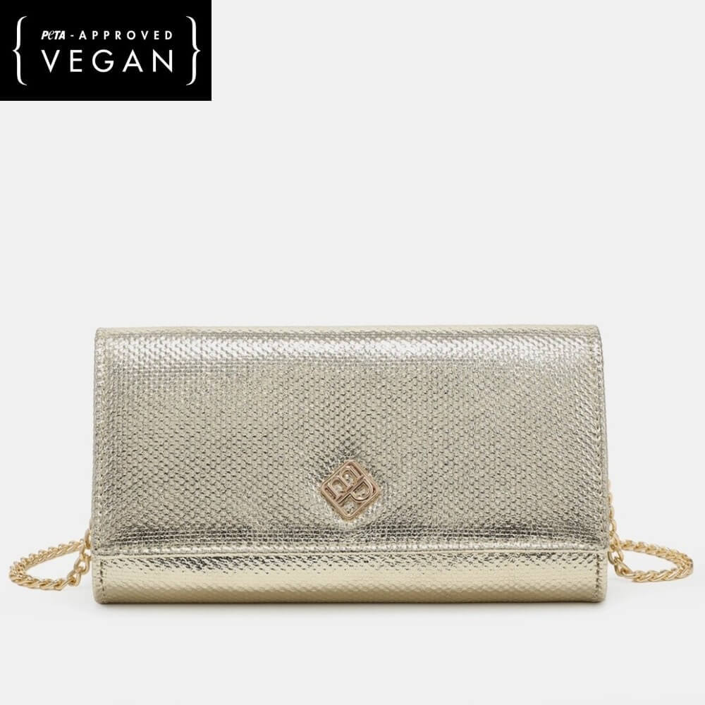 Pepe Moll Gold handbag with chain strap on a white background, featuring 'PETA-Approved Vegan' label.