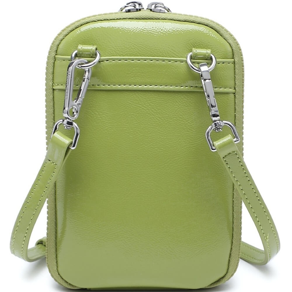 Pepe Moll Green leather crossbody bag with silver hardware on a white background