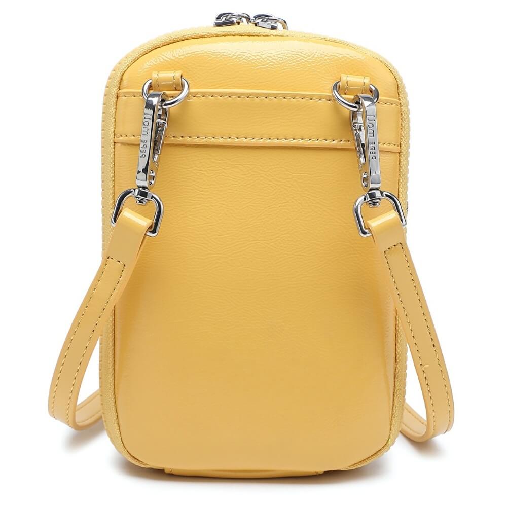 Yellow crossbody bag with a strap on a white background, featuring Pepe Moll branding. Vegan