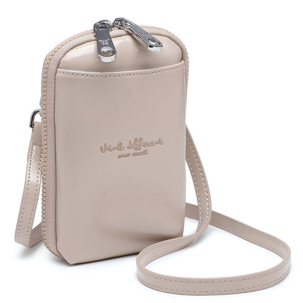 Pepe Moll Vegan Beige crossbody bag with a strap on a white background, featuring 'think different' branding.