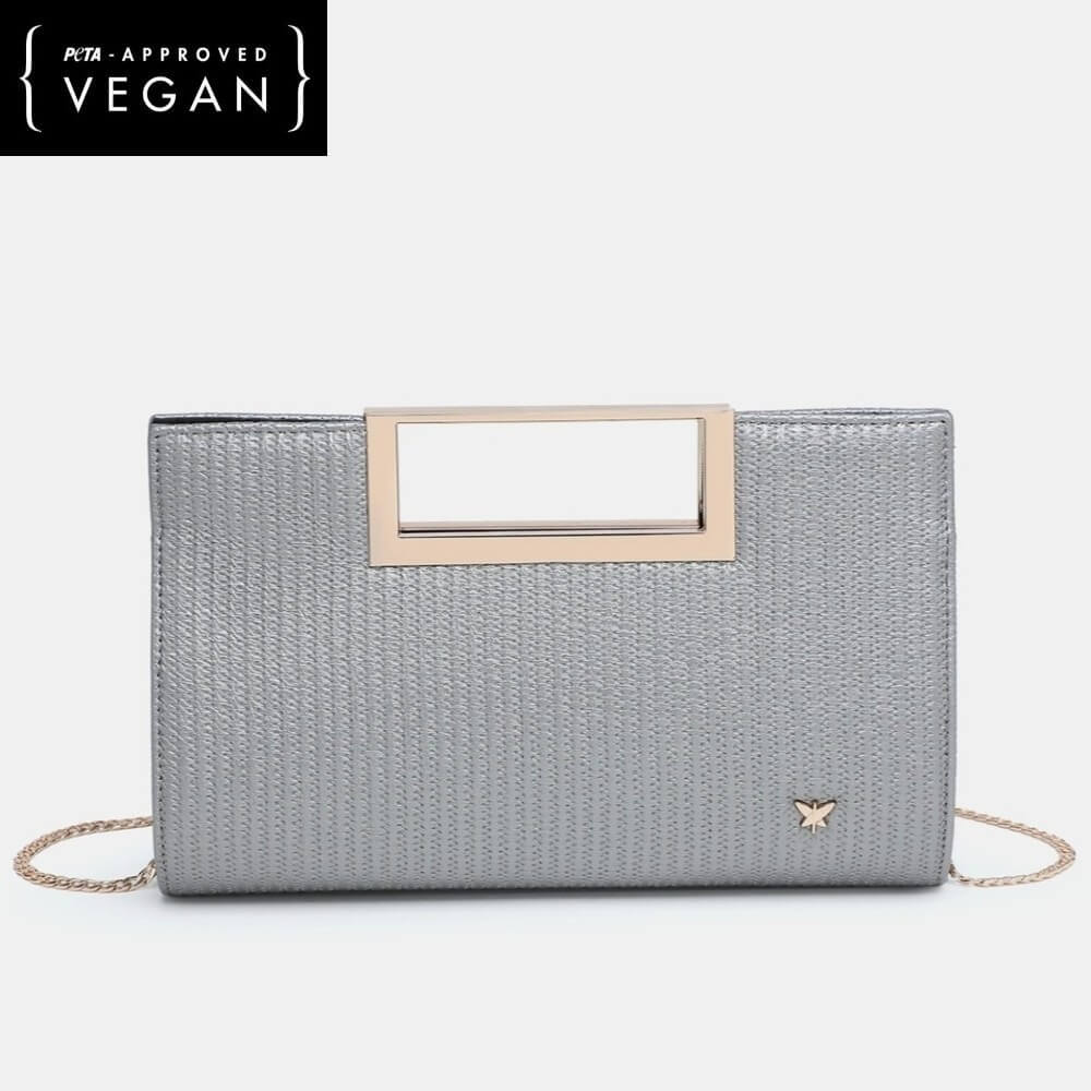Pepe Moll Gray handbag with gold handle and clasp on a white background, featuring PETA-approved Vegan label.