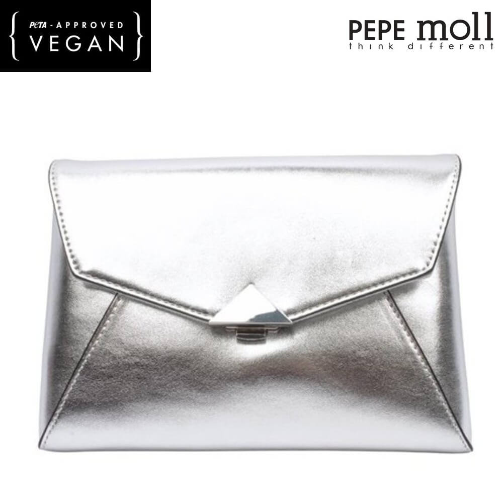 Silver clutch bag with 'PEPE moll' branding and 'PETA APPROVED VEGAN' label on a white background.