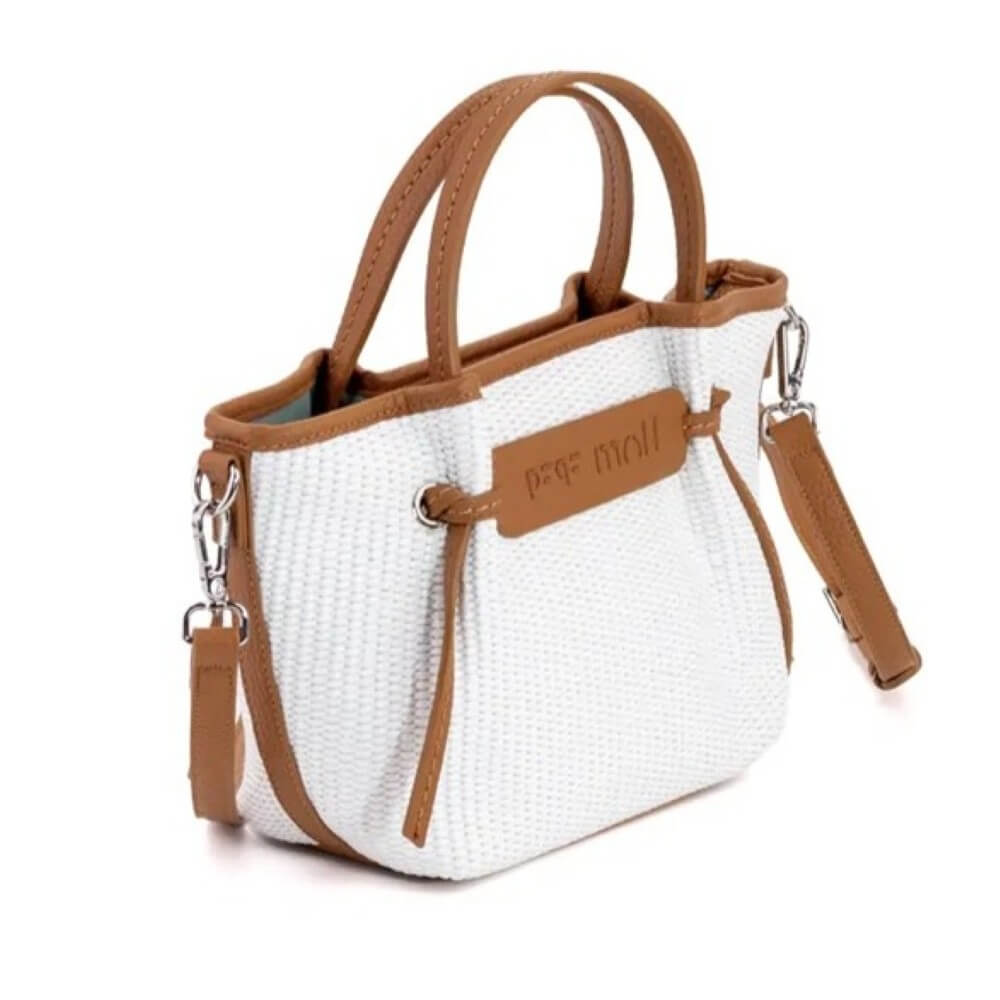 Pepe moll White woven handbag with brown straps and handle on a white background, featuring 'PETA APPROVED VEGAN' label.