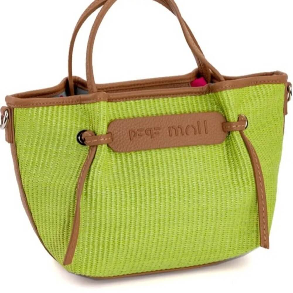 Pepe Moll Lime Green handbag with brown handles and trim on a white background