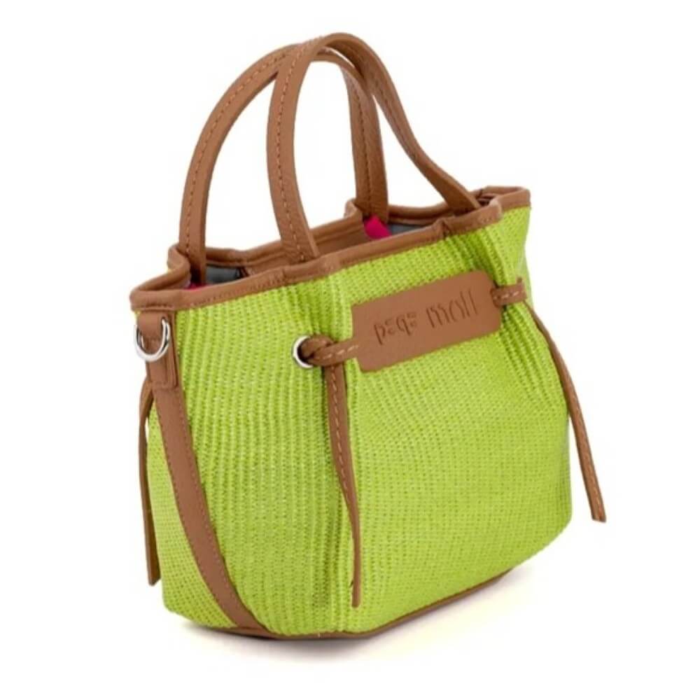 Pepe Moll Lime Green handbag with brown handles and trim on a white background