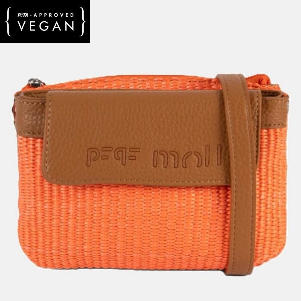 Orange crossbody bag with brown leather patch on a white background, featuring 'Pepe Moll ' branding. Vegan