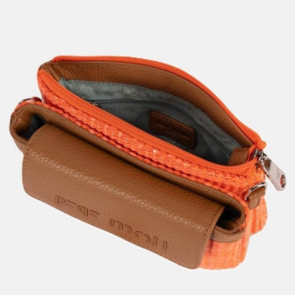 Orange crossbody bag with brown leather patch on a white background, featuring 'Pepe Moll ' branding. Vegan