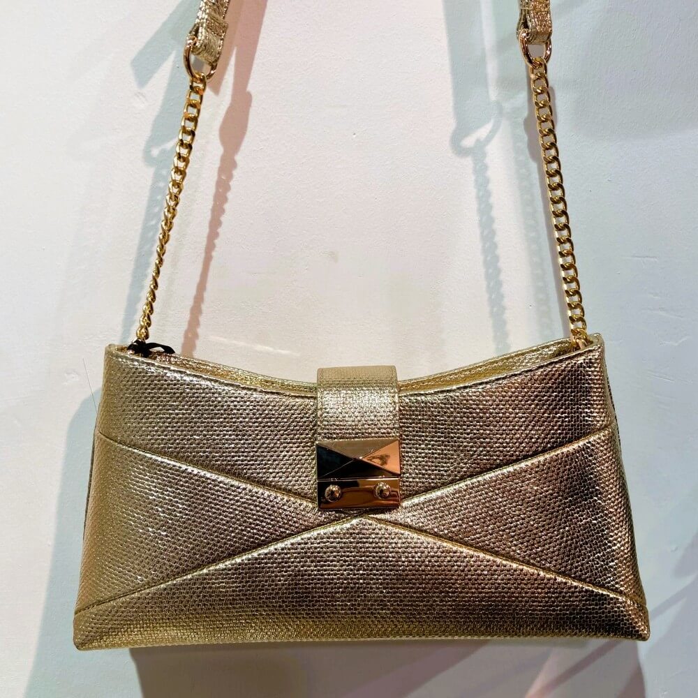 Pepe Moll Gold handbag with chain strap on a white background