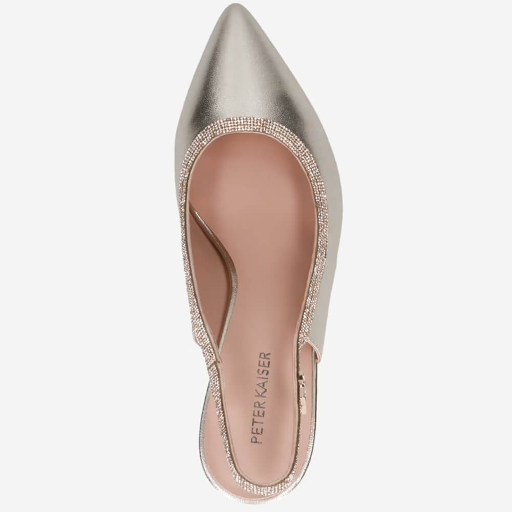 Peter Kaiser Gold high-heeled shoe with a slingback design on a white background