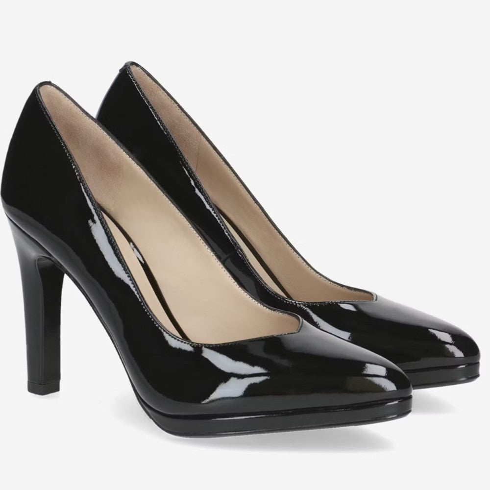 pair ofBlack Patent Leather Stiletto Court Shoes on a white background