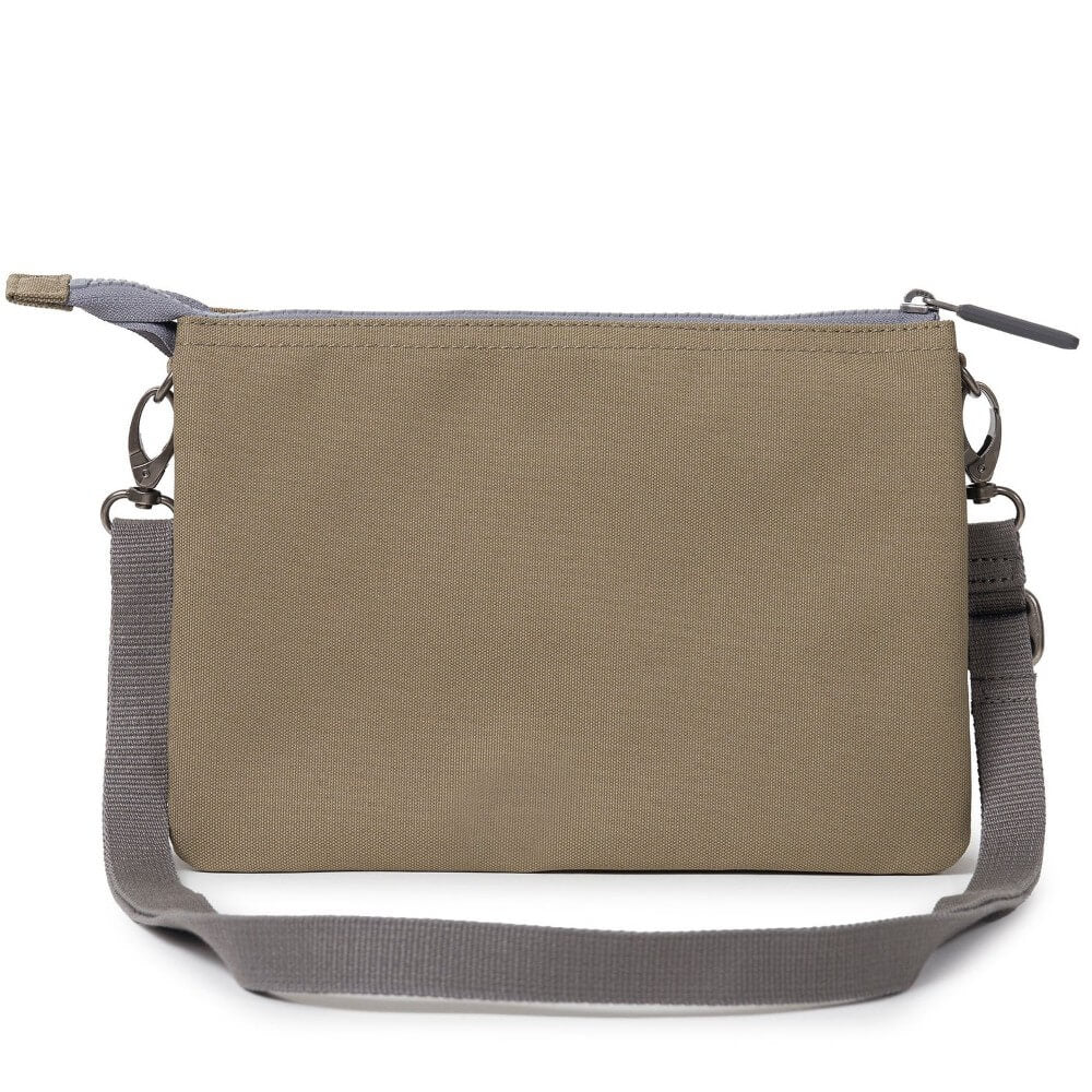 Taupe shoulder bag with gray strap on a white background