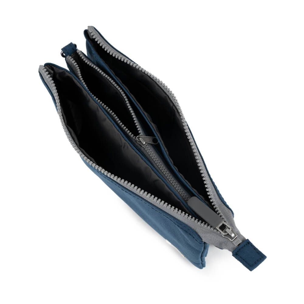 Blue and gray zipper pouch on a white background