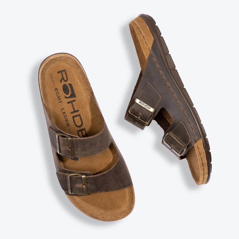 Rohde Brown sandals with double buckle design on a white background