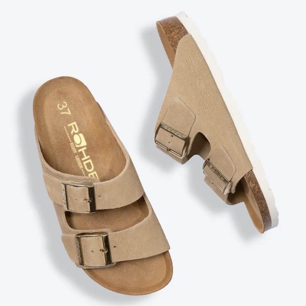 Pair of tan sandals with a white sole on a light gray background