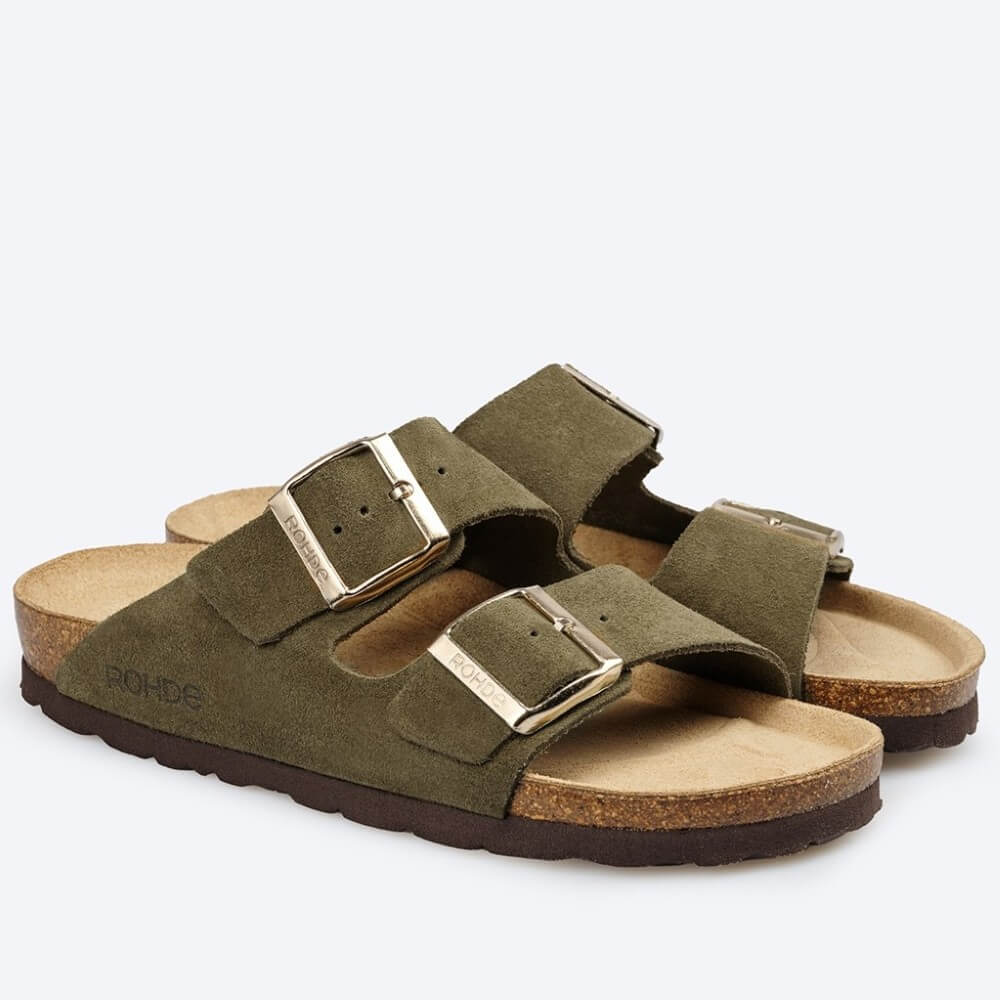 Rohde Fern Green sandals with gold buckles on a white background