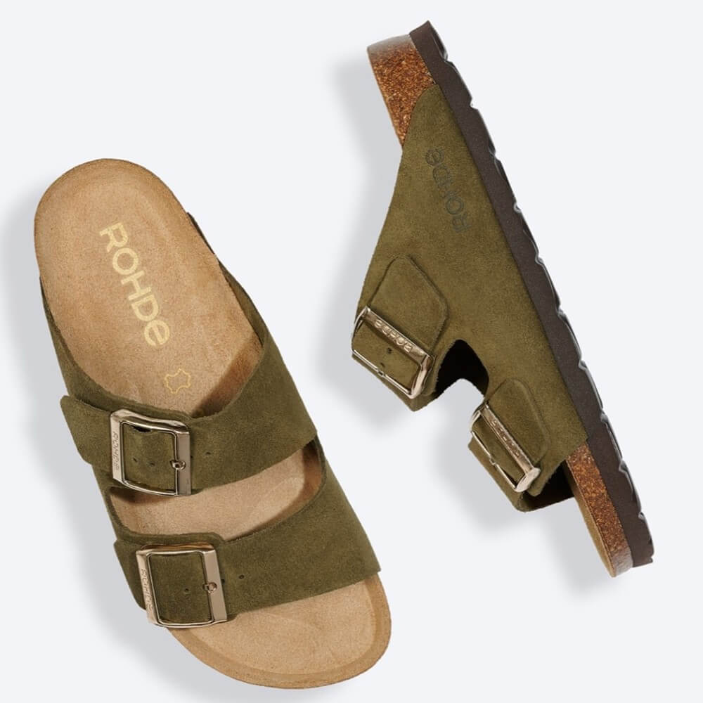 Rohde Fern Green sandals with gold buckles on a white background