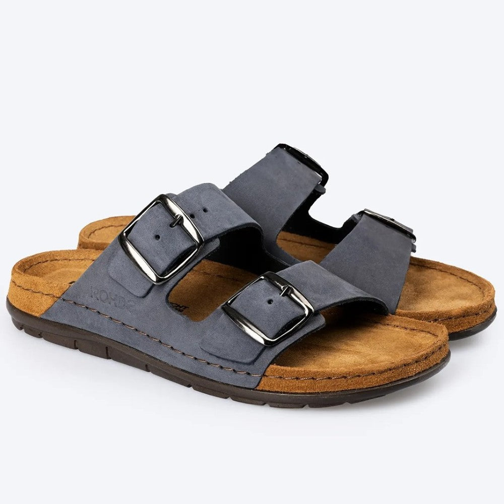Rohde Navy Blue sandals with brown soles on a white background