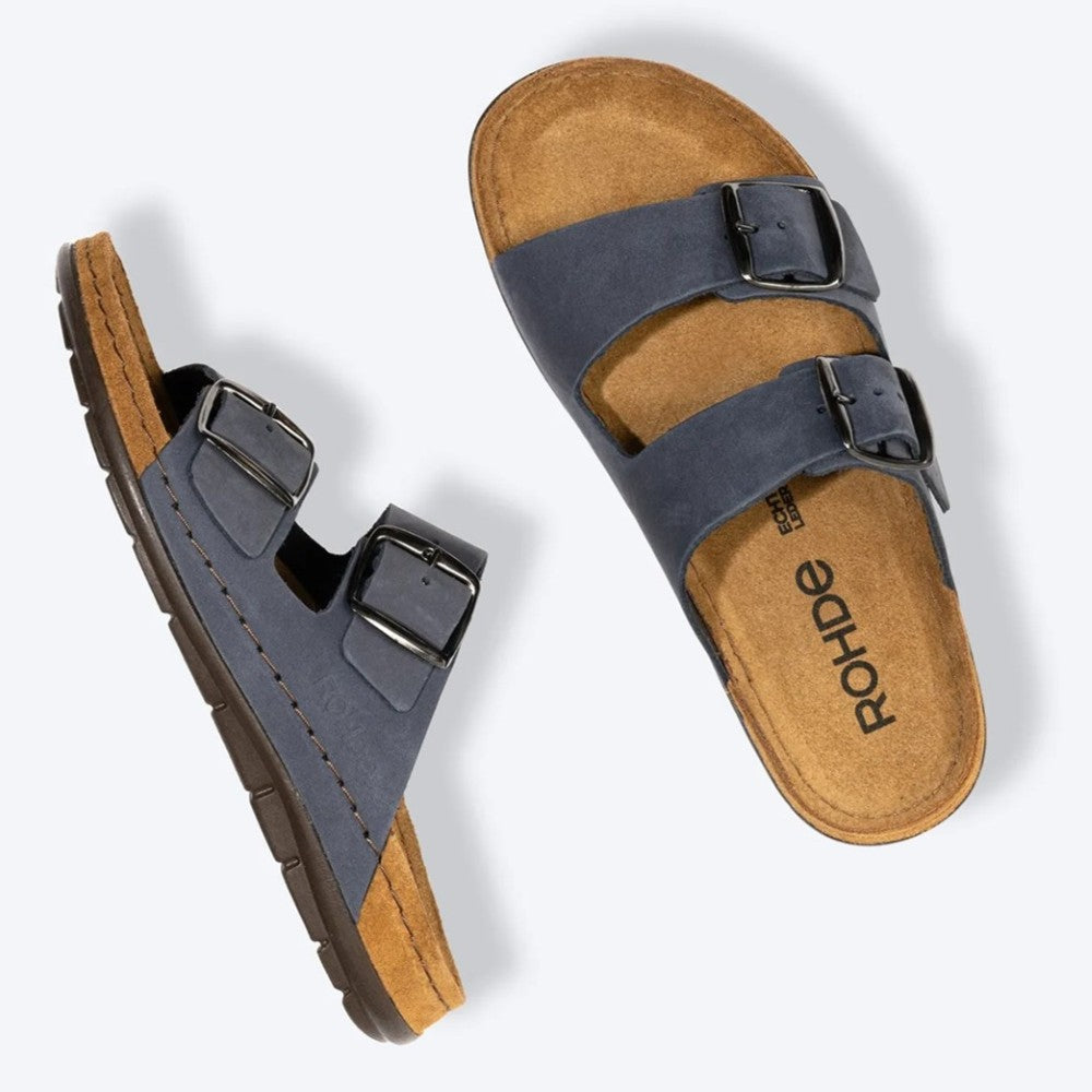 Pair of sandals with brown soles and blue straps on a white background