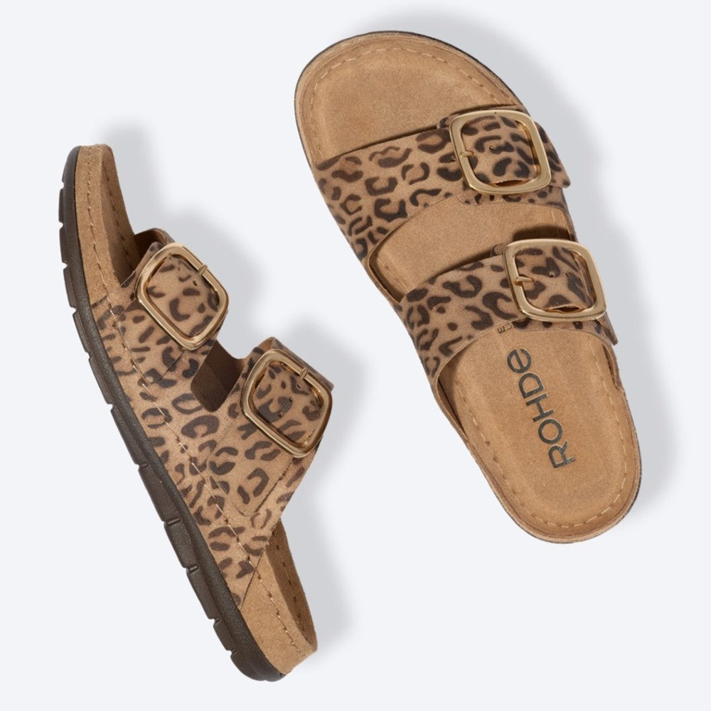 Rohde Leopard print sandals with gold buckles on a white background