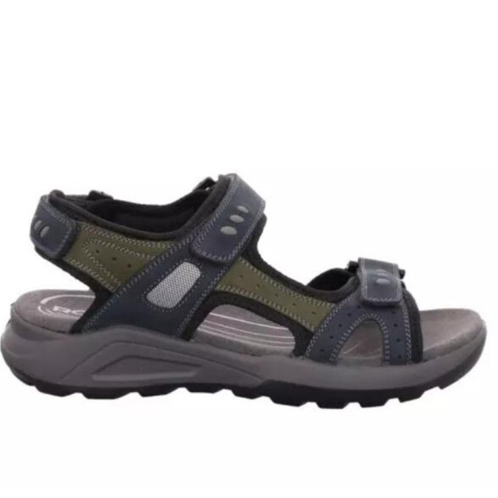 Rohde Navy and grey sandal with multiple Velcro straps on a white background