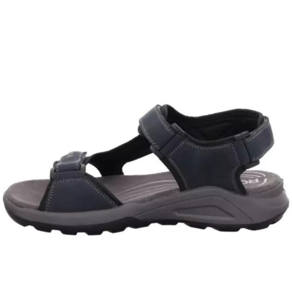 Rohde Navy and grey sandal with multiple Velcro straps on a white background