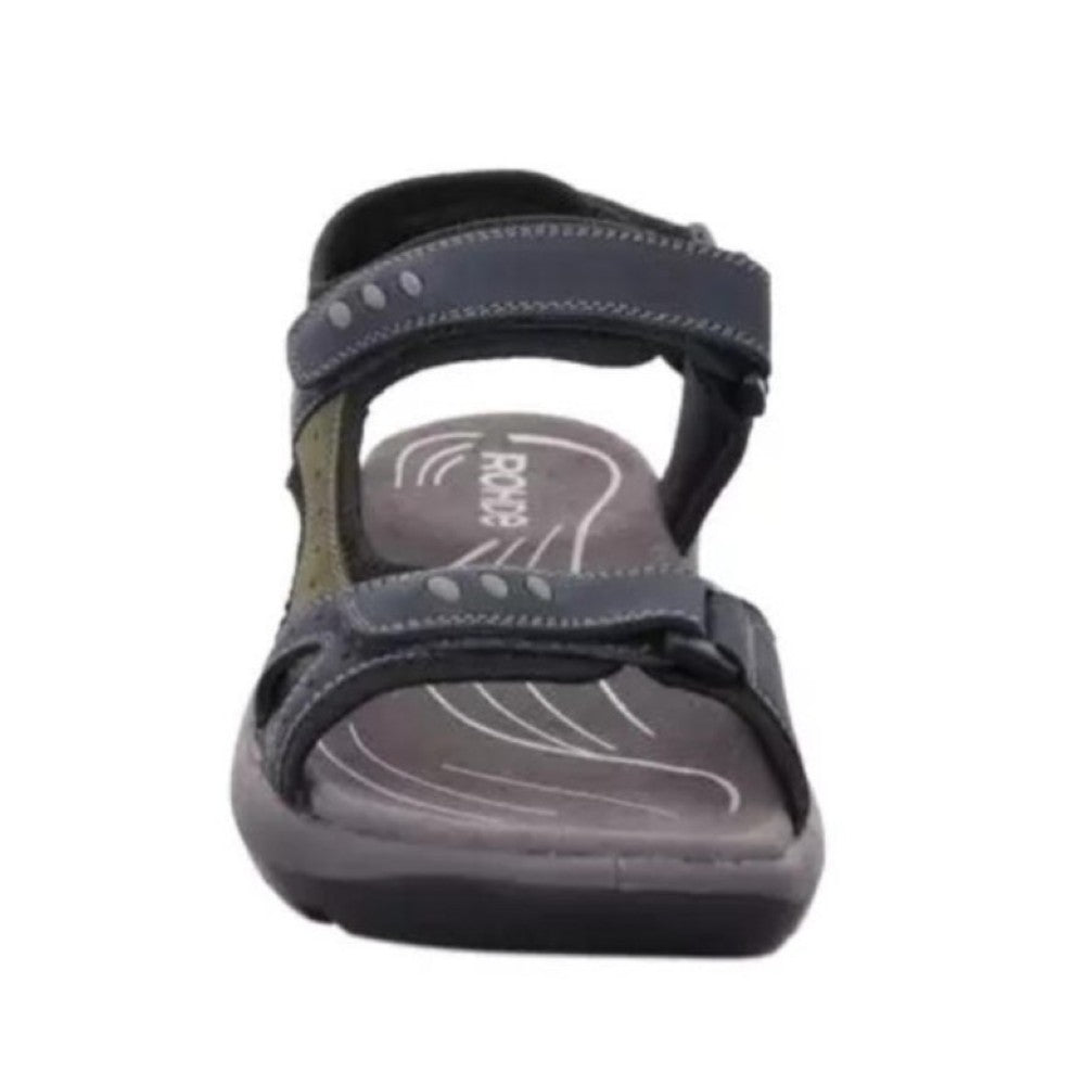 Rohde Navy and grey sandal with multiple Velcro straps on a white background