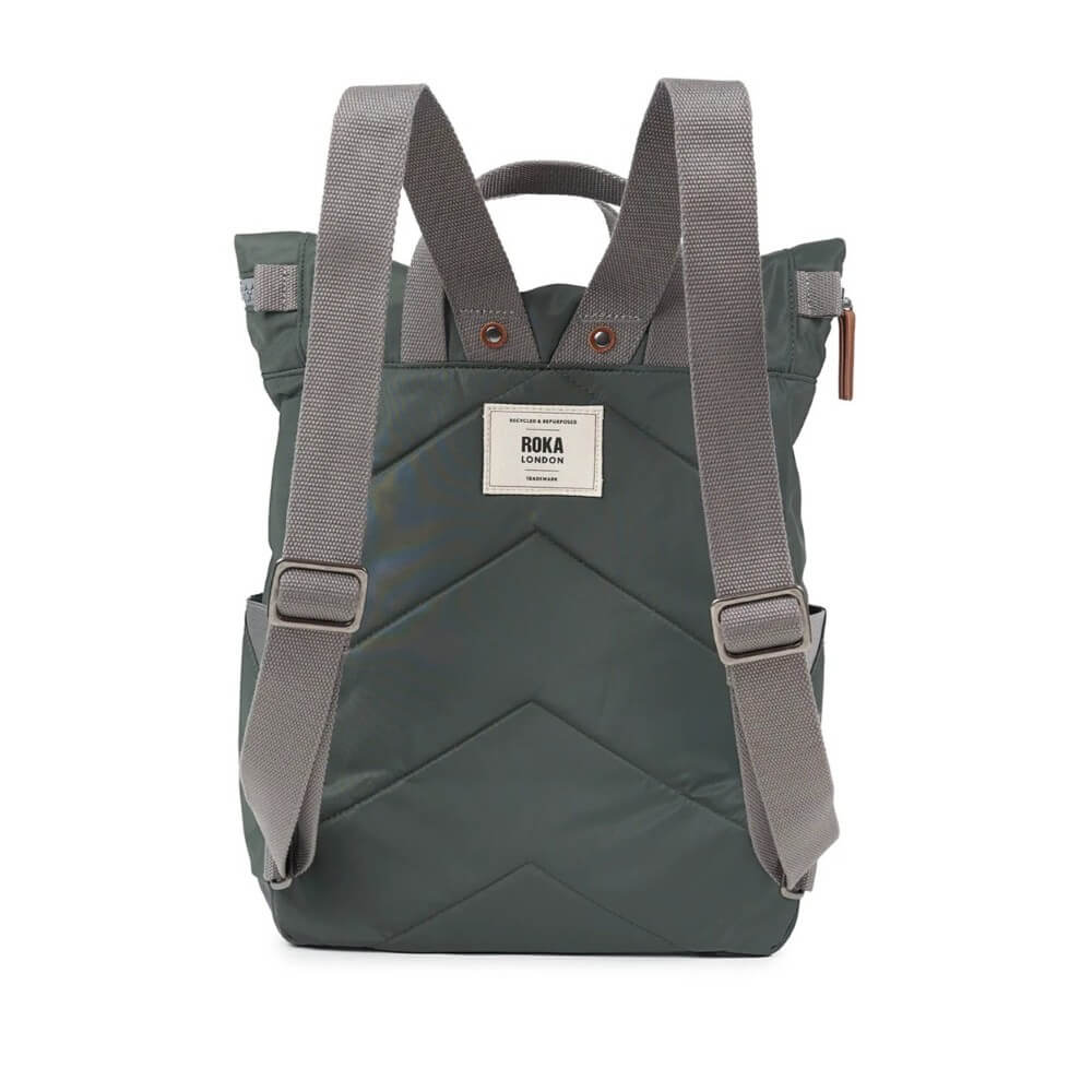 Thyme Green backpack with grey handles on a white background