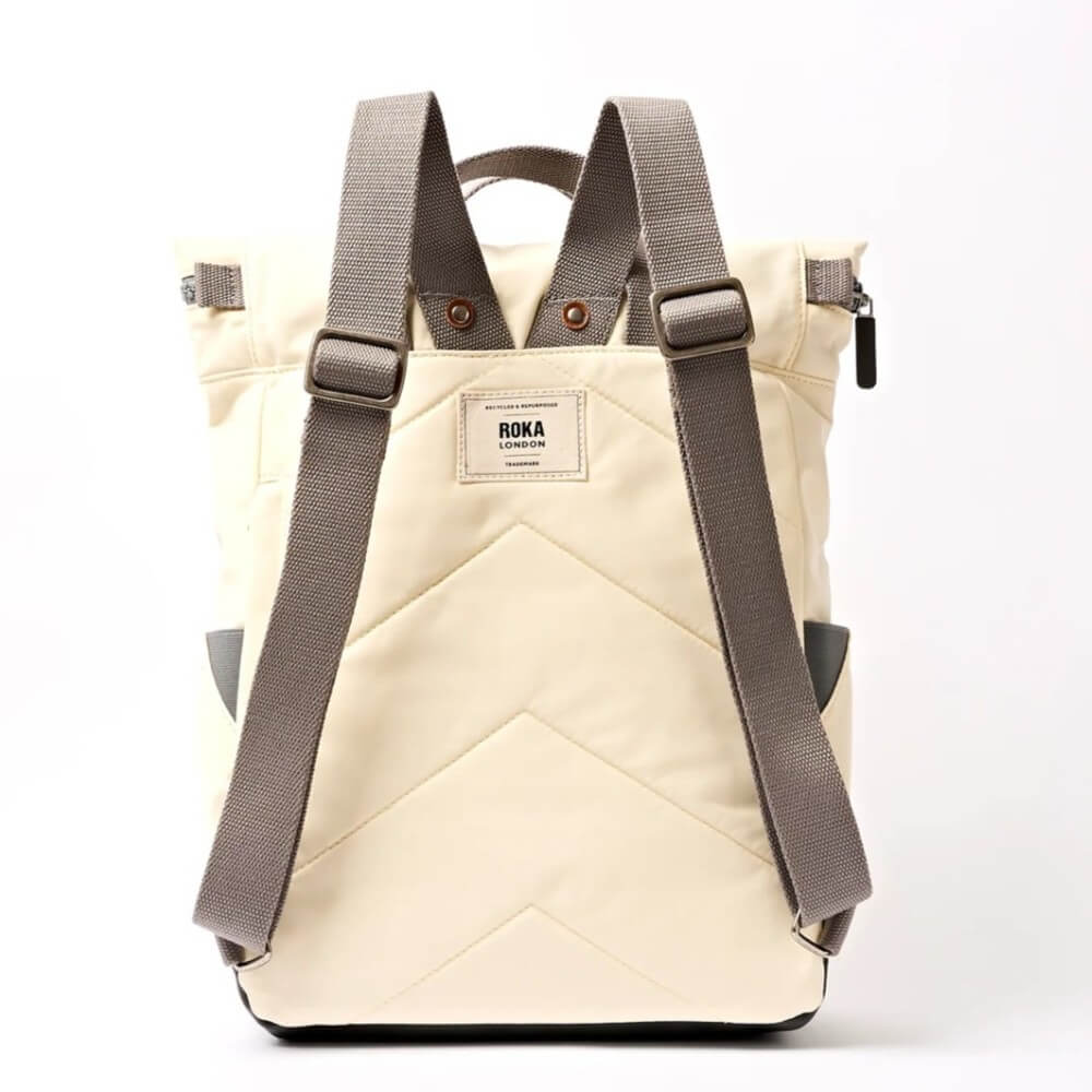 Beige backpack with gray straps on a white background