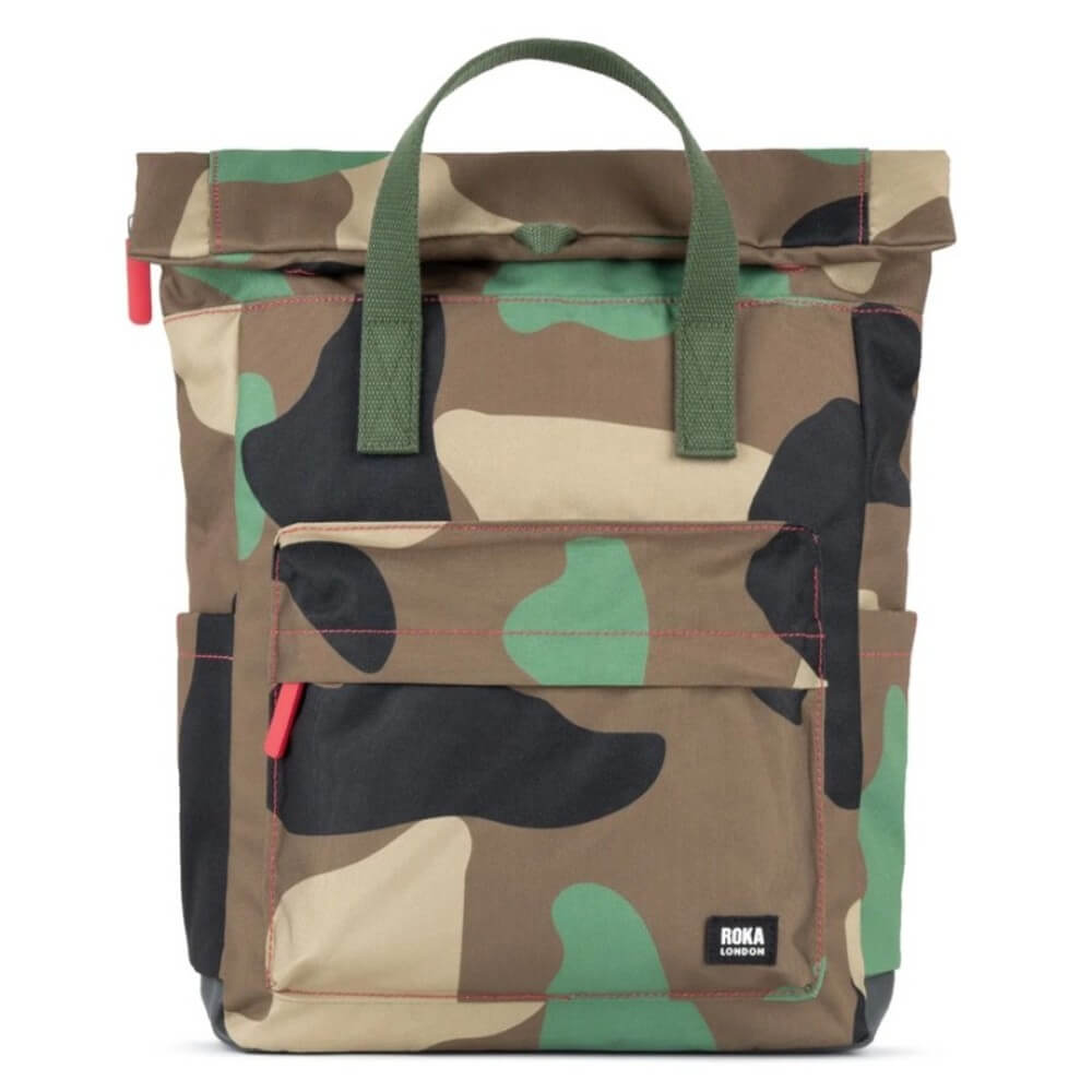 Roka Camouflage backpack with green handles on a white background