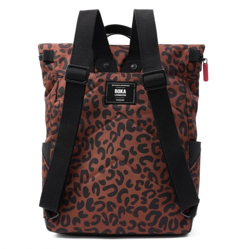 Leopard print backpack with black straps on a white background