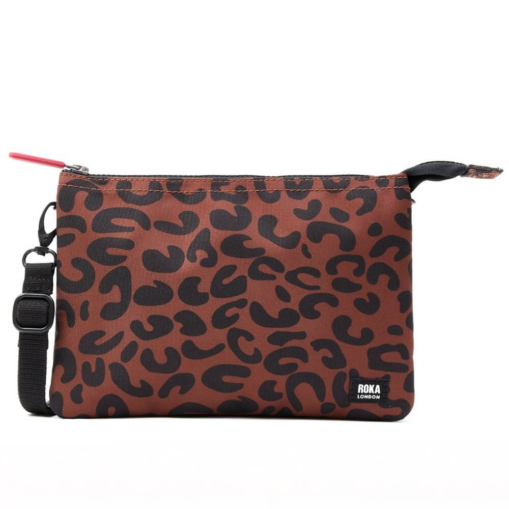 Brown Leopard pouch with black pattern and Roka London branding on a white background