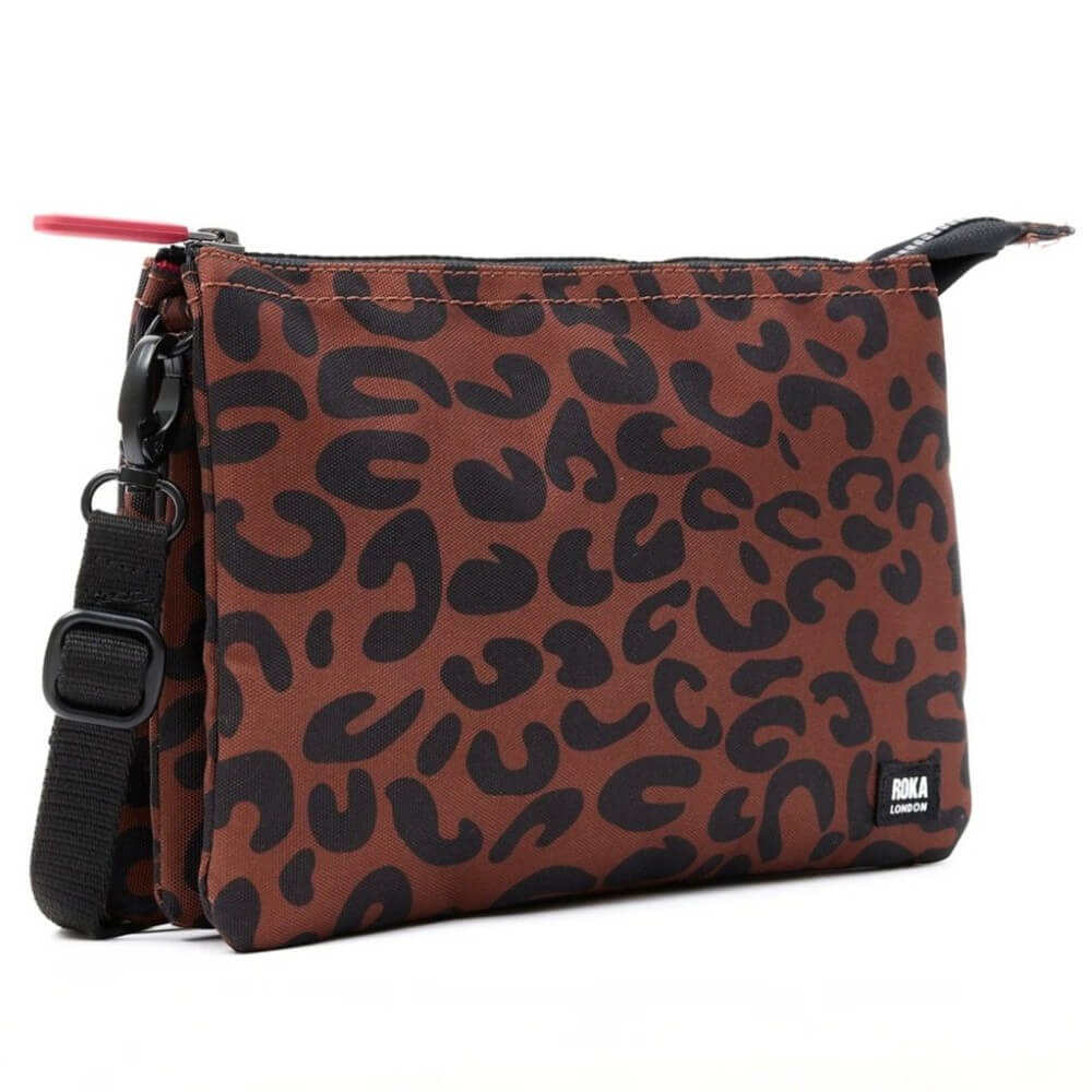 Brown Leopard pouch with black pattern and Roka London branding on a white background