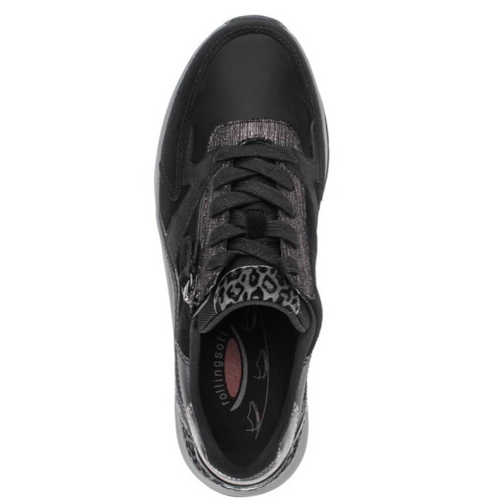 A Rollingsoft black low-top sneaker with mixed materials including suede, Leather, and leopard-print panels, featuring a side zipper and thick grey sole, shown against a plain white background.