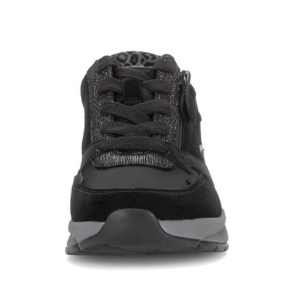 A Rollingsoft black low-top sneaker with mixed materials including suede, Leather, and leopard-print panels, featuring a side zipper and thick grey sole, shown against a plain white background.
