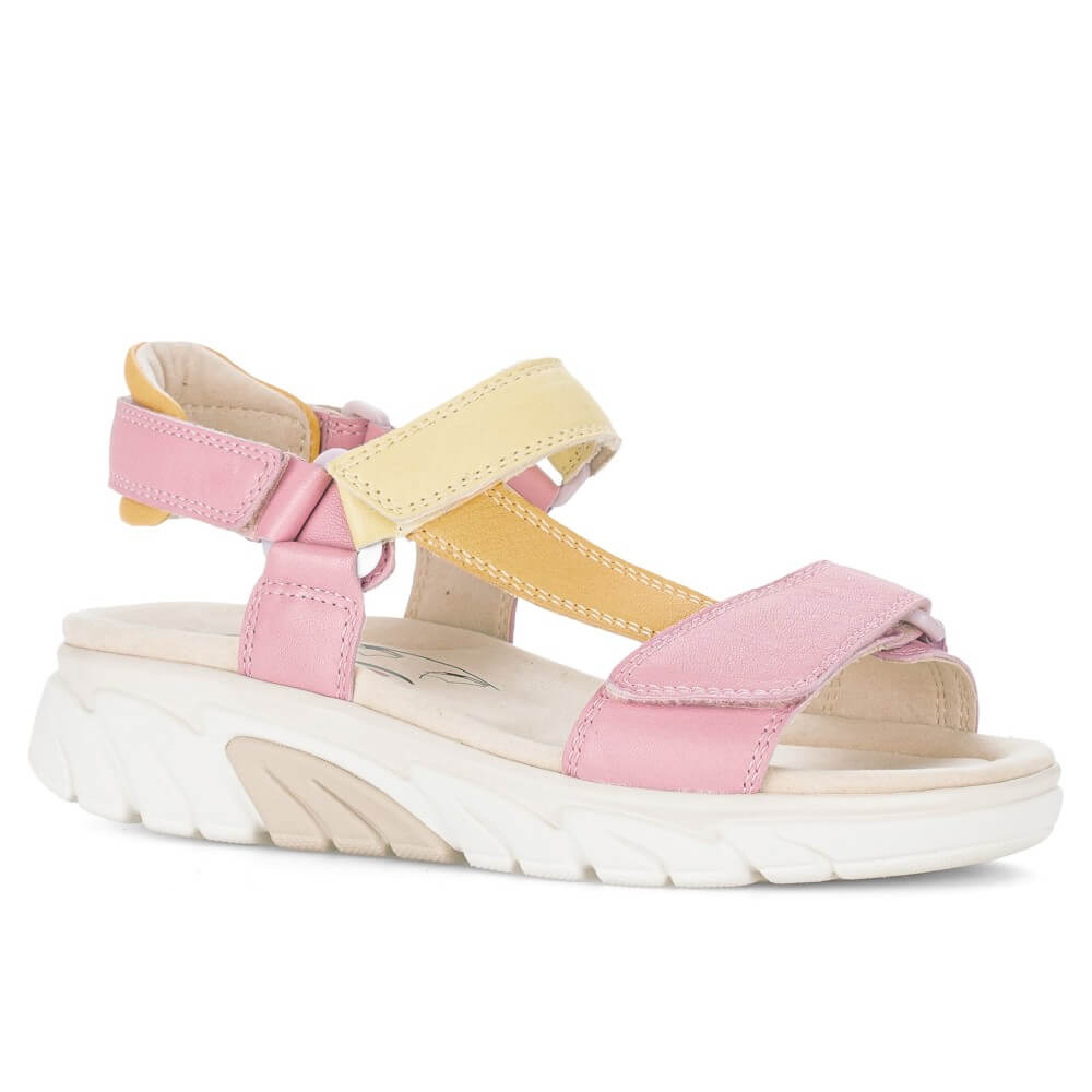 rollingsoft Pink and yellow walking sandal with a white sole on a white background