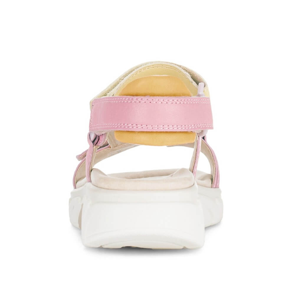 rollingsoft Pink and yellow walking sandal with a white sole on a white background