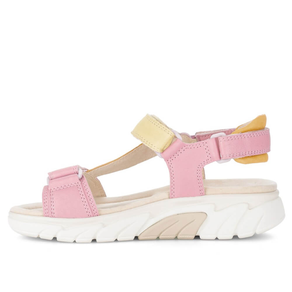 rollingsoft Pink and yellow walking sandal with a white sole on a white background