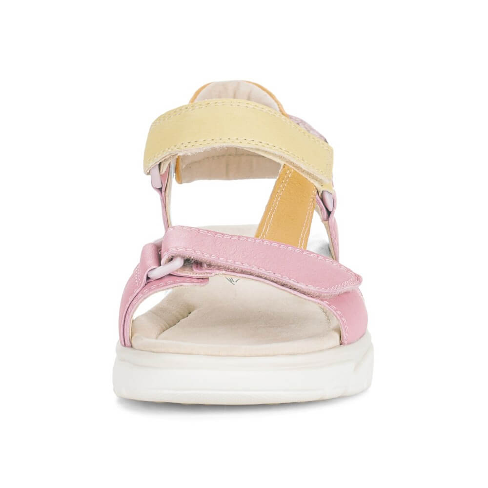 rollingsoft Pink and yellow walking sandal with a white sole on a white background