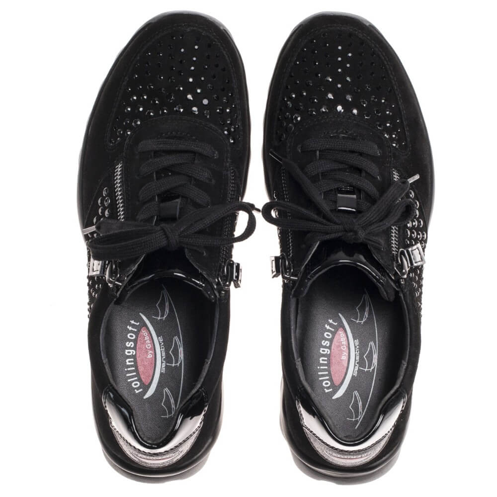 Black sneaker with gray sole on a white background Rollingsoft Walking Shoe 76.968 Fantastic